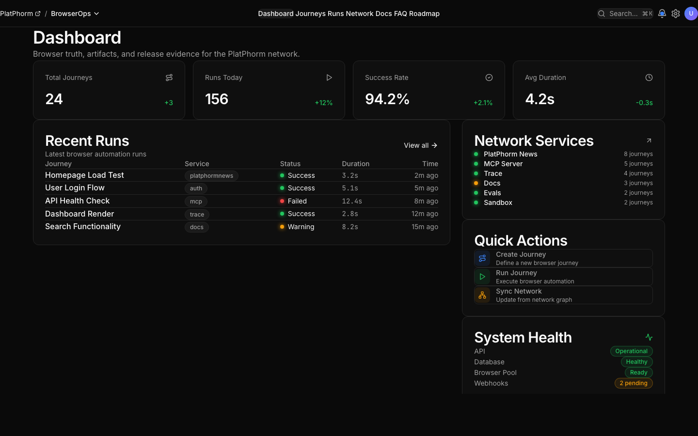 Live screenshot of the BrowserOps browser testing surface