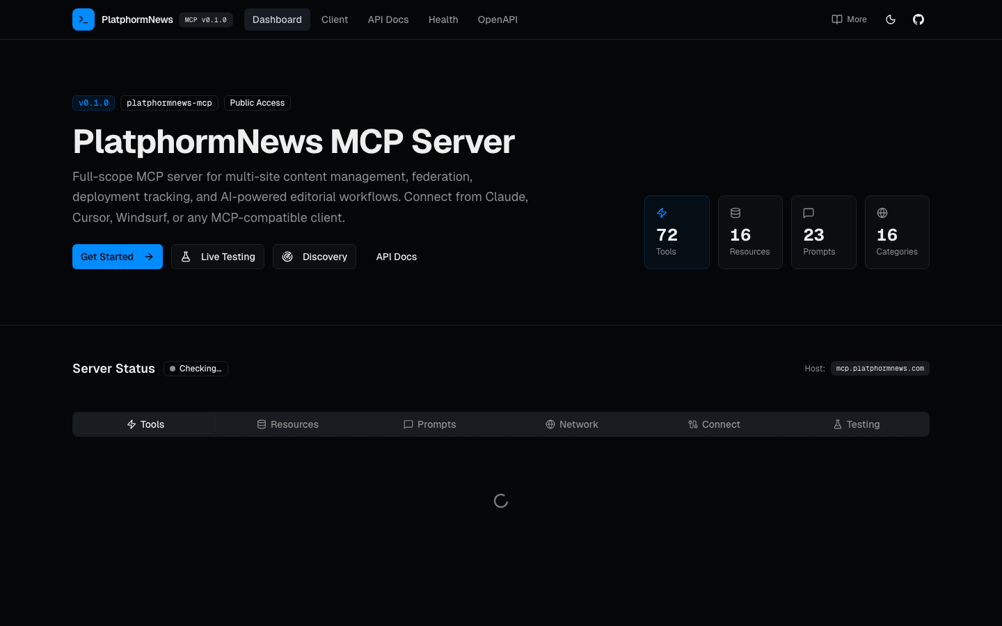 Live screenshot of MCP at https://mcp.platphormnews.com