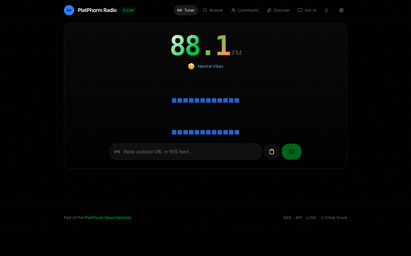 Live screenshot of Podcasts at https://podcasts.platphormnews.com